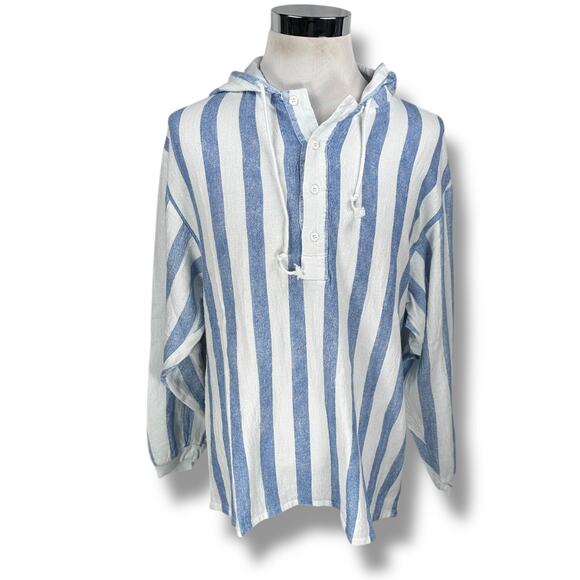 Vintage Active Culture Mix Shirt Men's Large Blue White Striped Cotton Hoodie - Picture 1 of 8